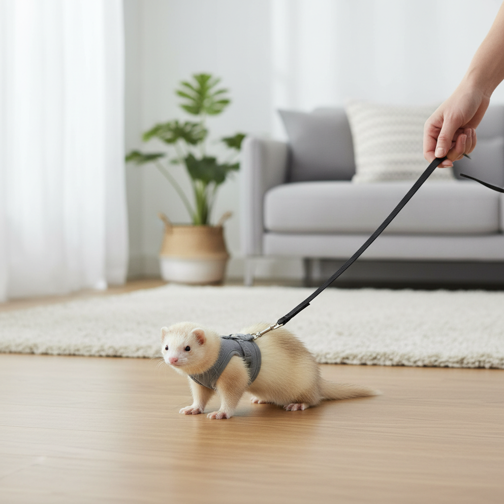 Ferret wearing a soft strap harness indoors during leash training