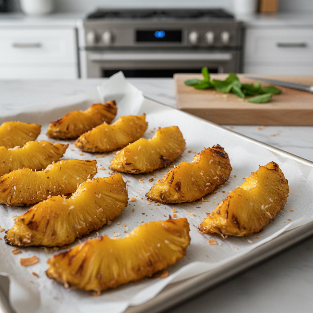 Caramelized roasted pineapple on a sheet pan with golden edges