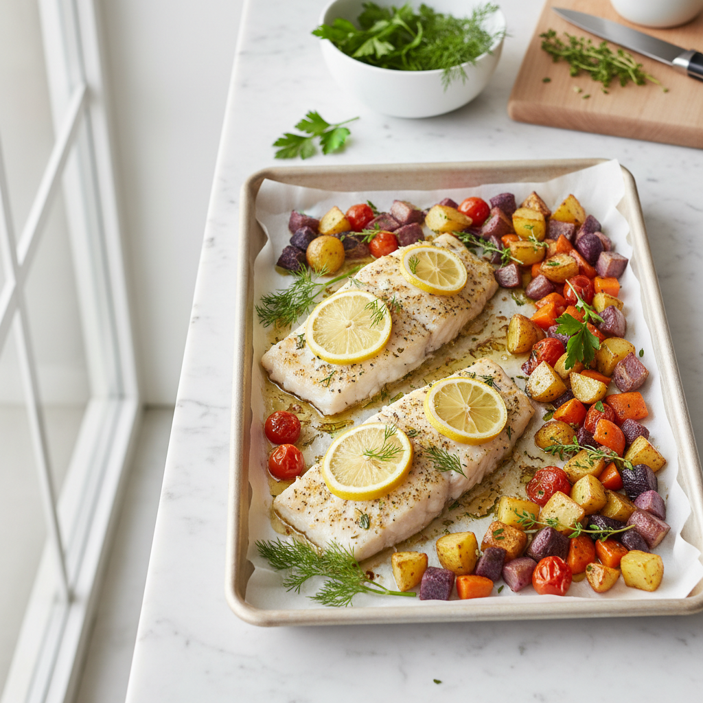 Baked fish with lemon and herbs on a sheet pan