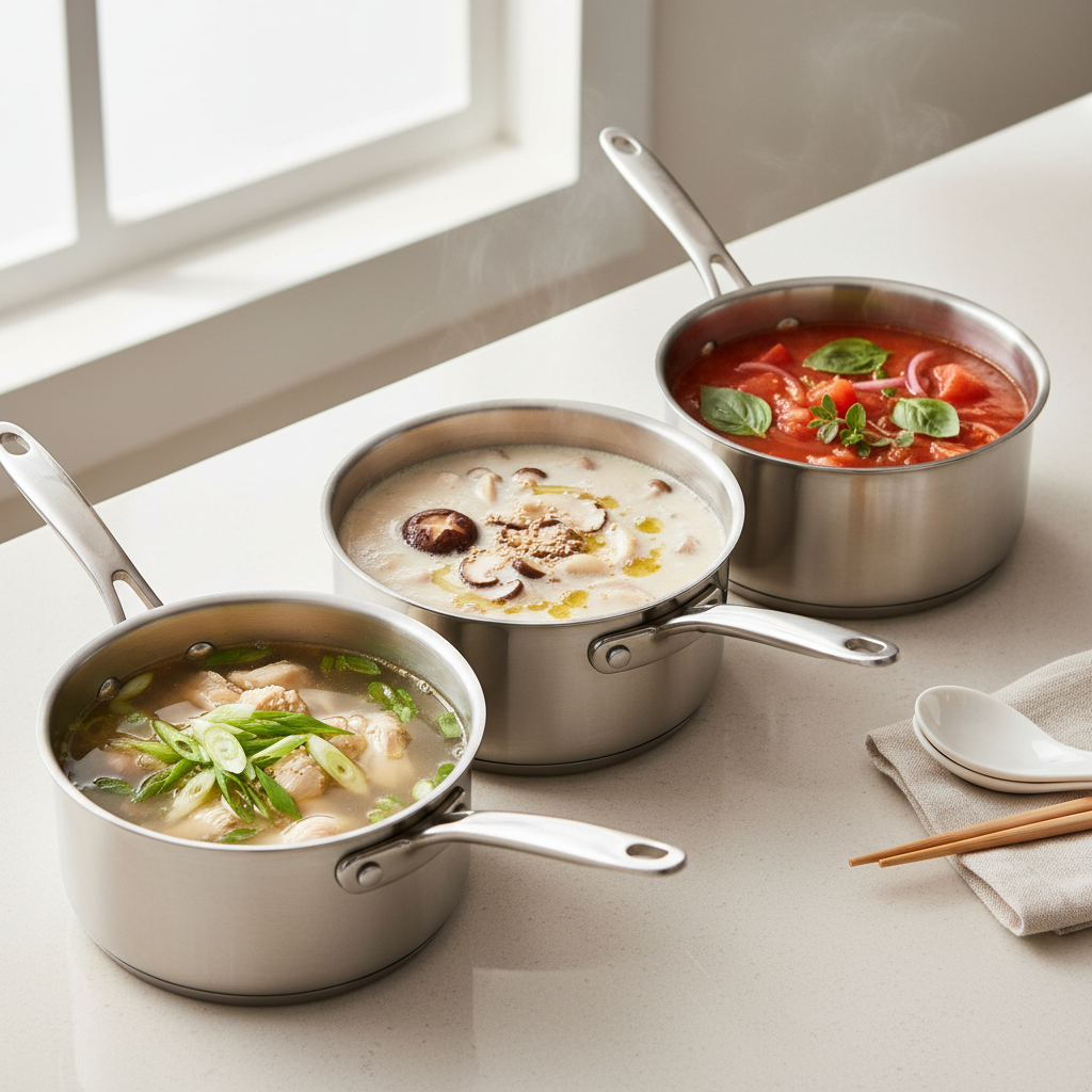 Three hot pot broth bases in saucepans: garlic-ginger, miso sesame, and tomato broth