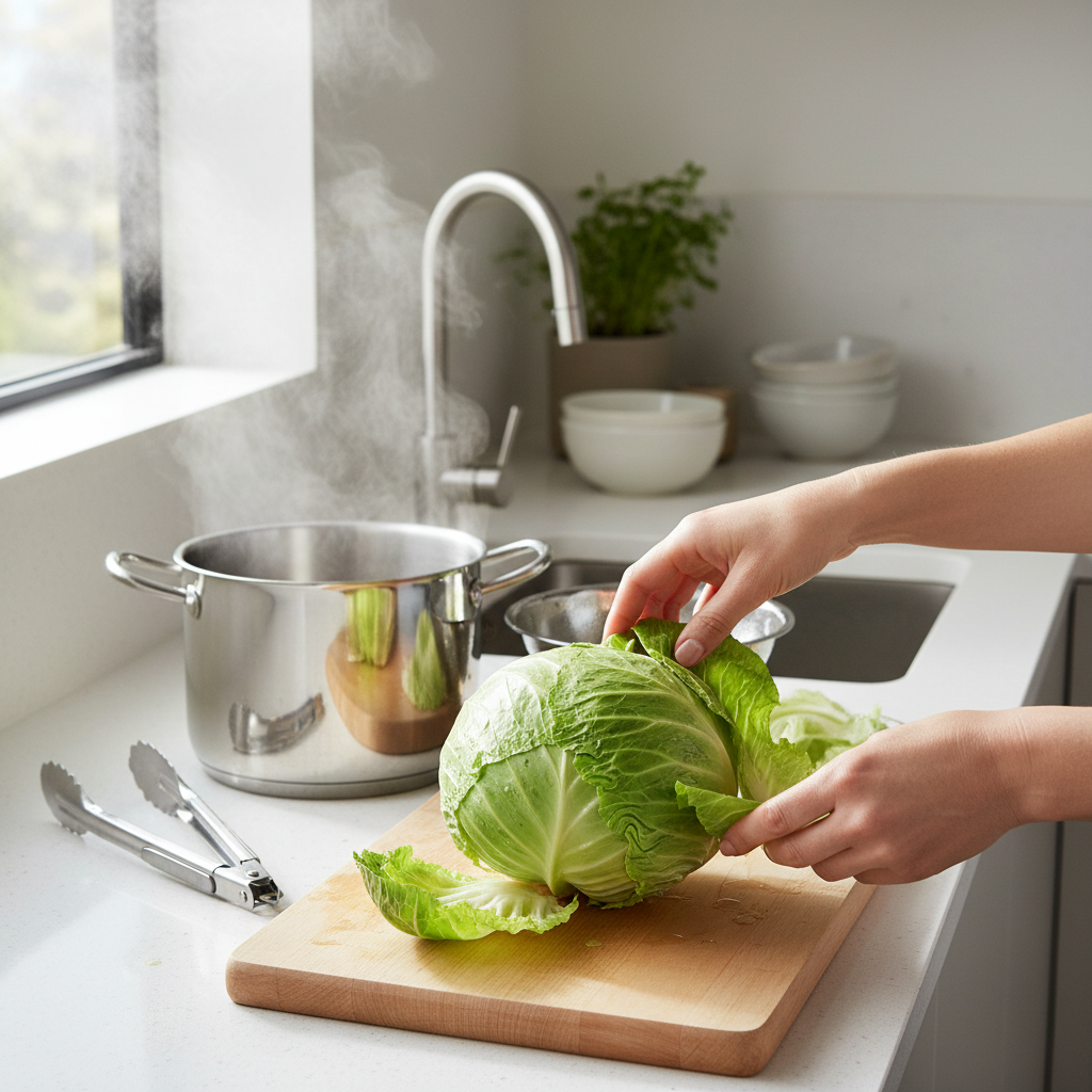Cabbage leaves being softened and separated for easy cabbage rolls