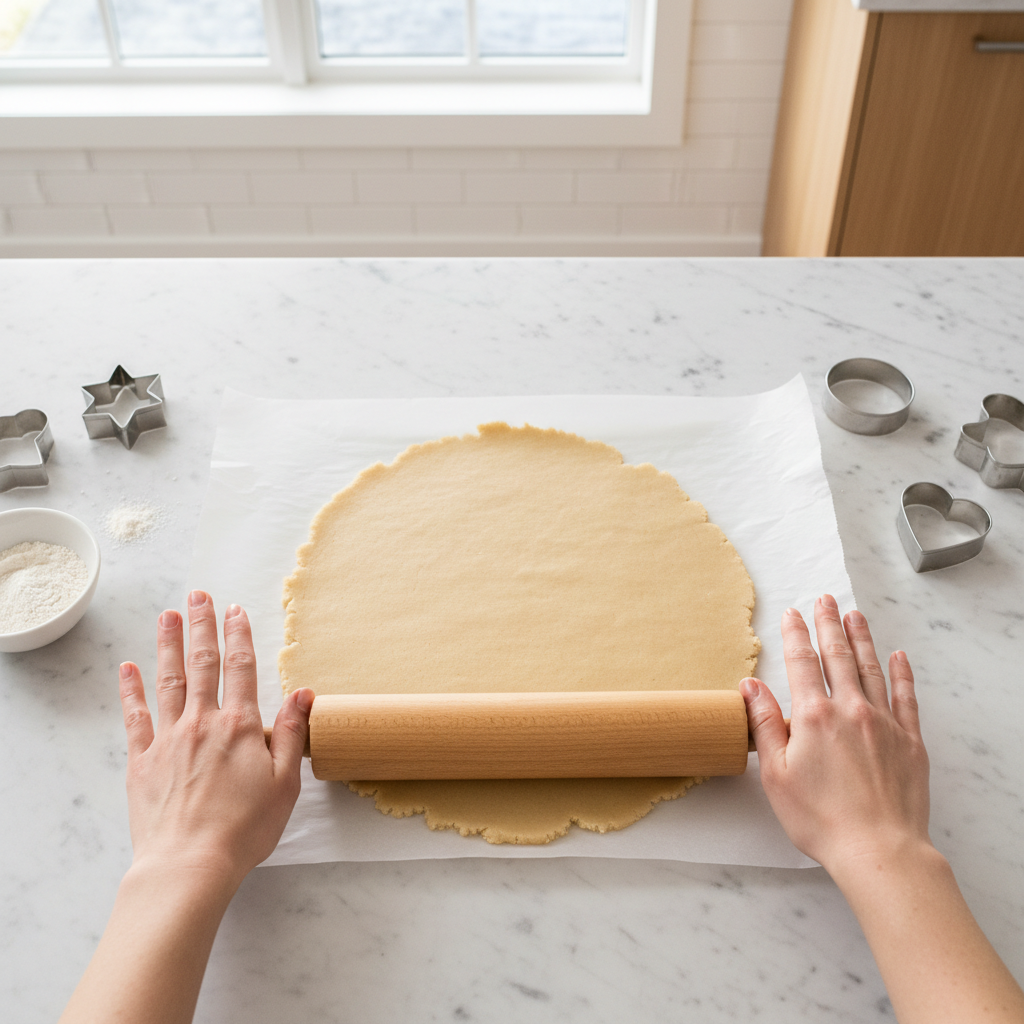 Rolling cut-out sugar cookie dough between parchment for even thickness