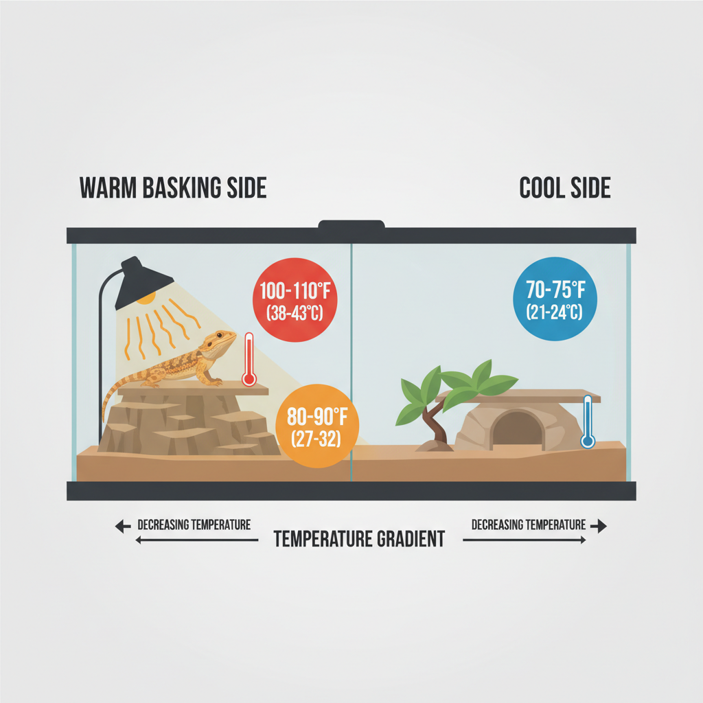 Reptile enclosure temperature gradient diagram with warm and cool zones