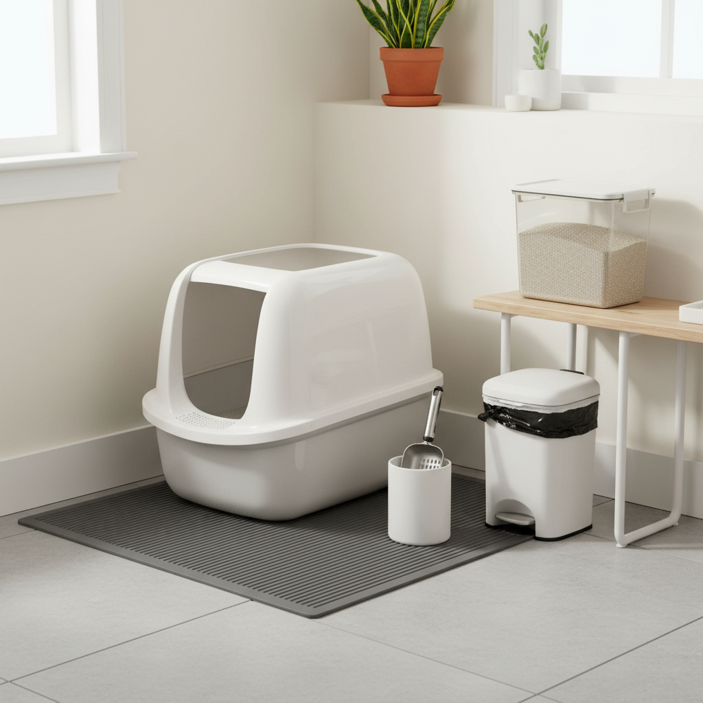 Clean litter box area setup with scoop, liners, and small trash bin