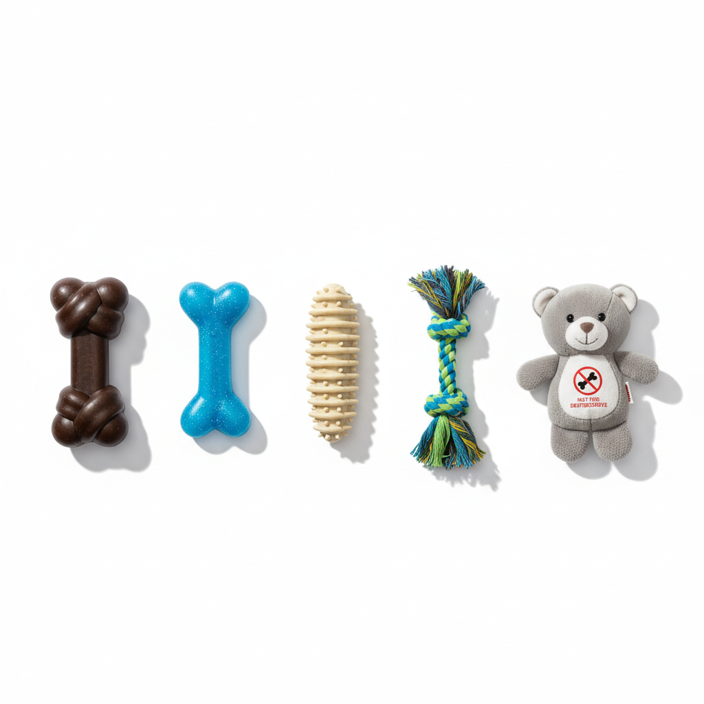 Comparison of durable puppy teething toy materials like rubber, nylon, and rope