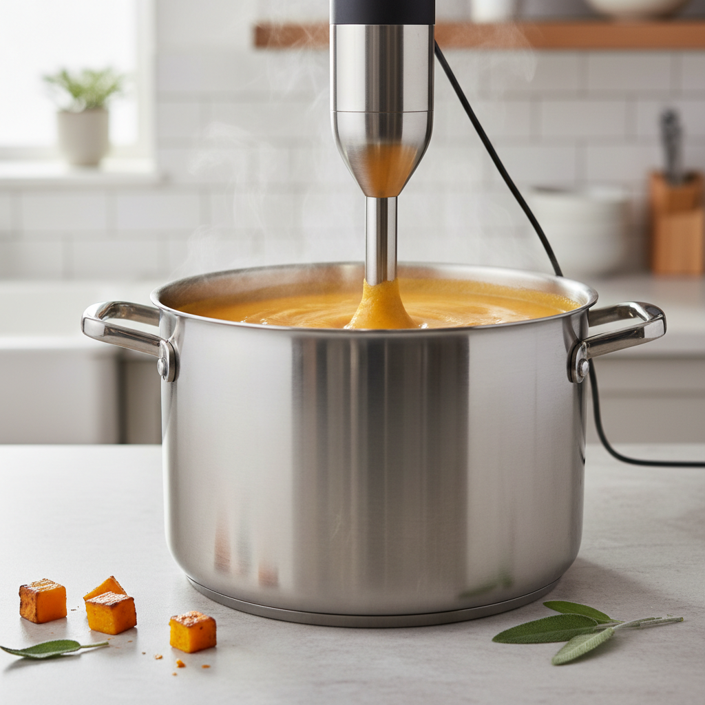 Blending roasted butternut squash soup until creamy
