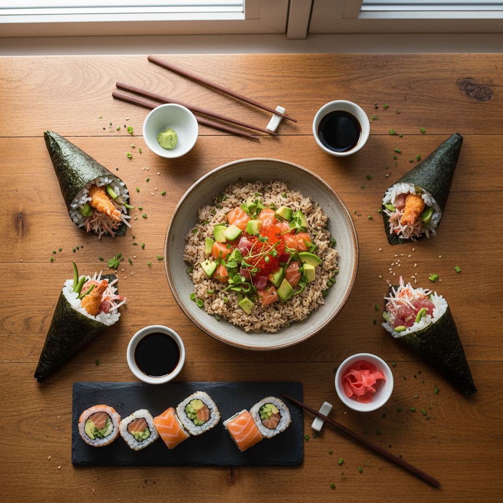 Assorted homemade sushi including hand rolls and sushi bowl on a table