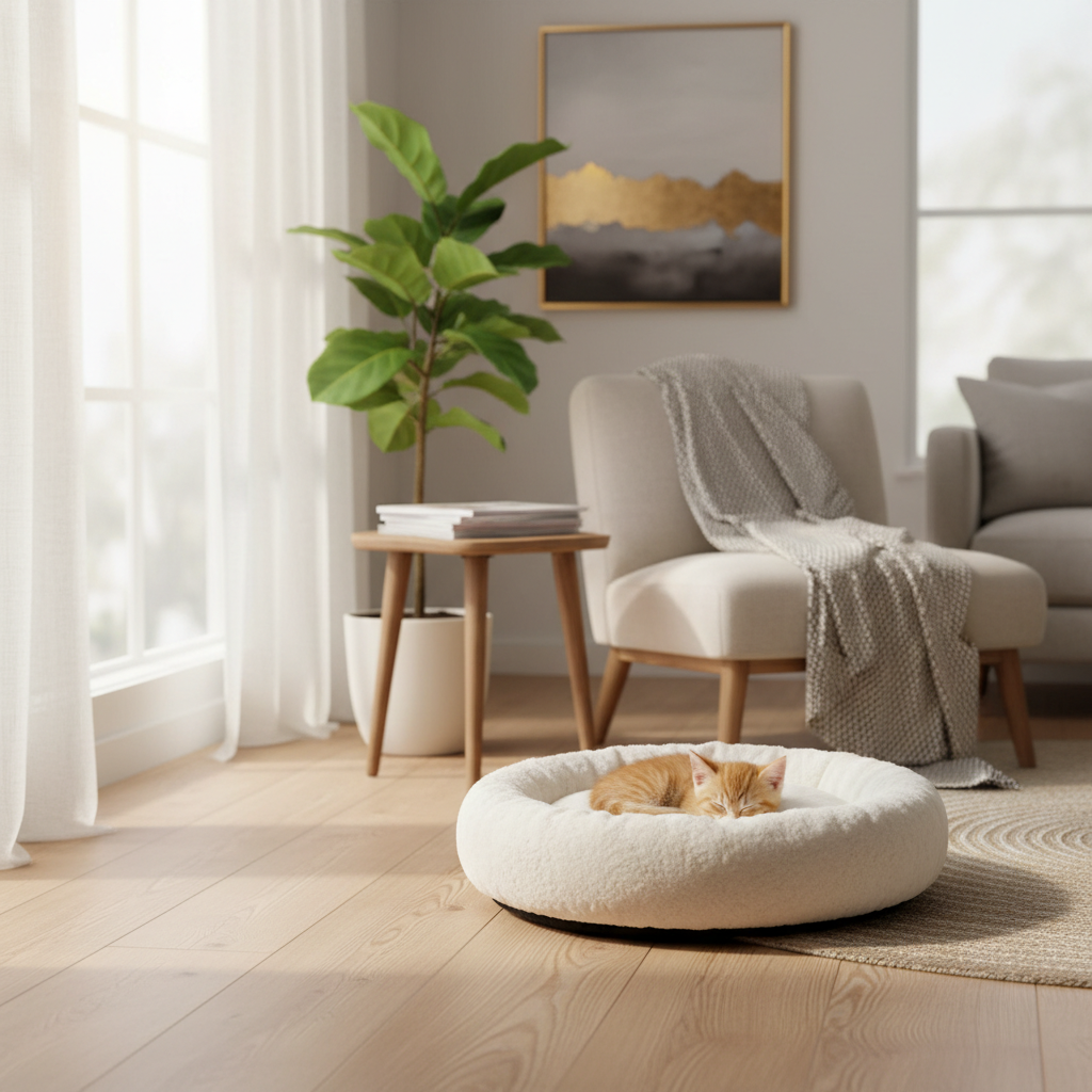 Small cozy kitten bed placed in a quiet corner of a living room