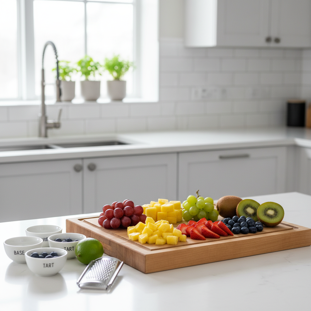 Fruit salad ingredient prep with cutting board and labeled fruits