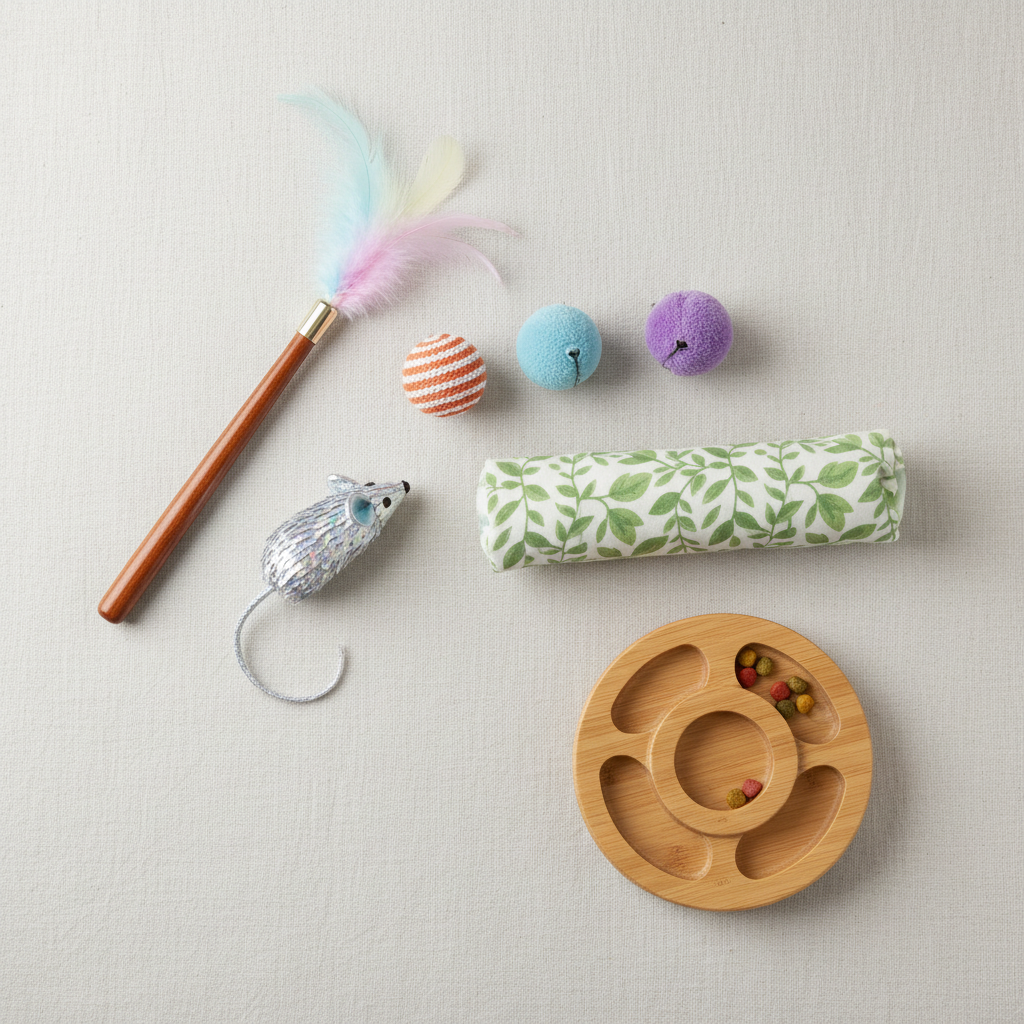 Assorted safe kitten toy categories including wand, balls, kicker, and puzzle toy