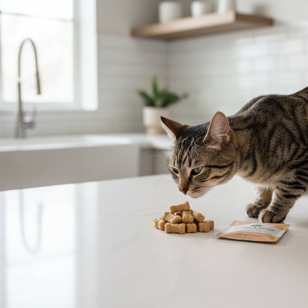 Cat sniffing calming treats on a kitchen counter