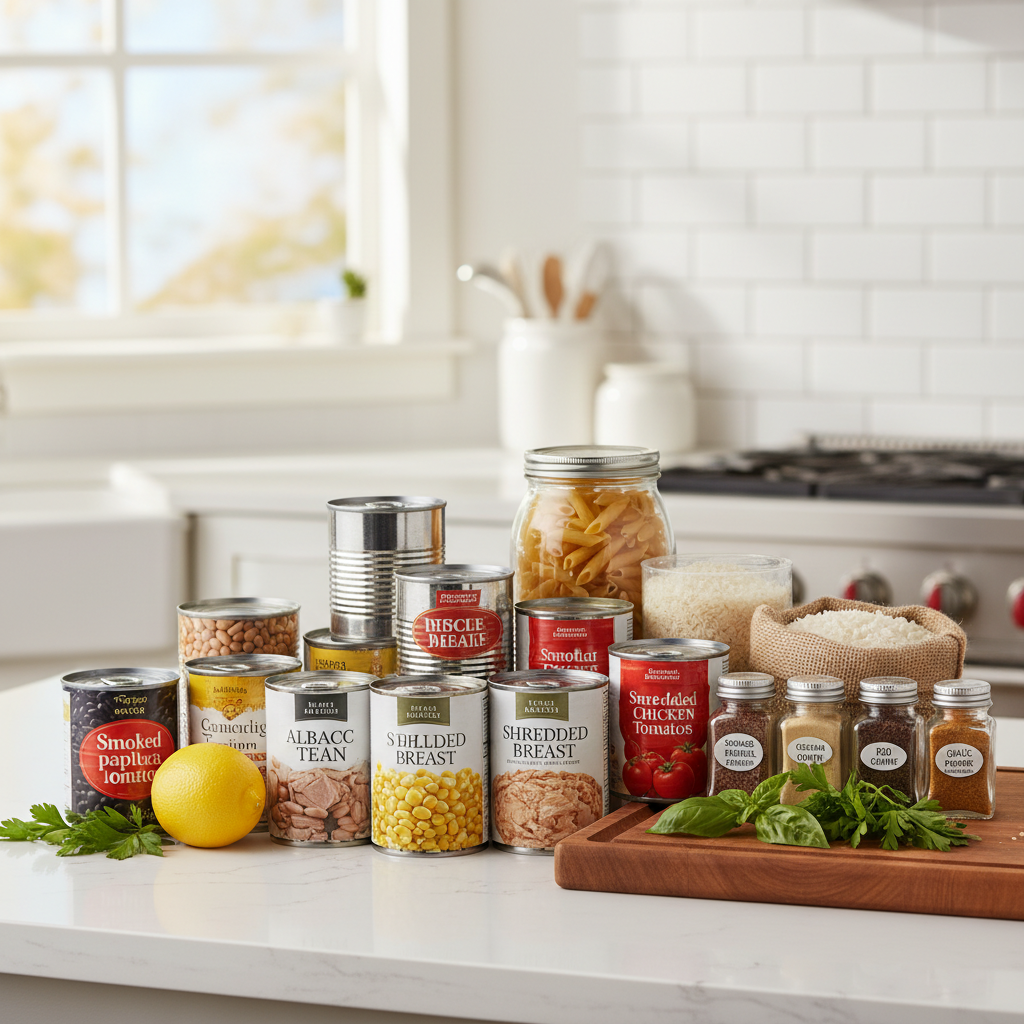 Pantry staples for canned food recipes laid out on a kitchen counter