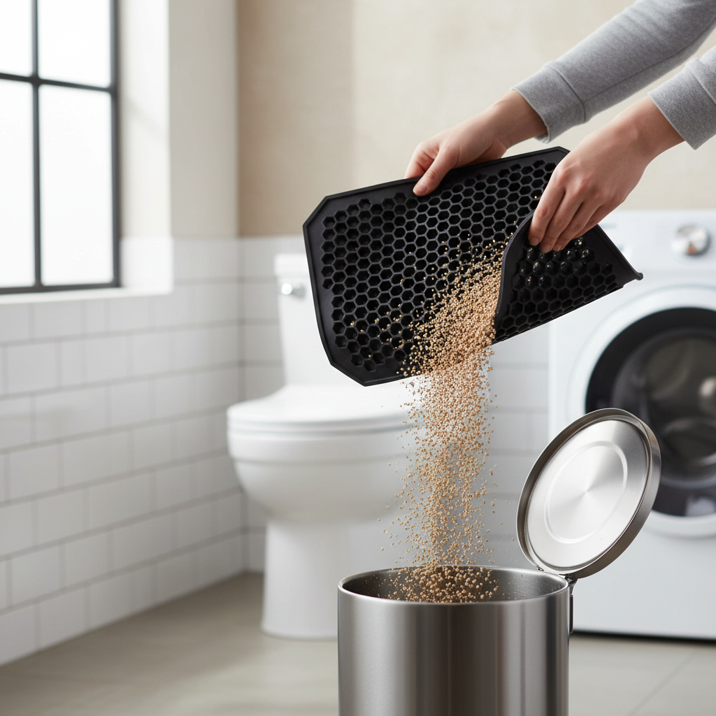 Person lifting and dumping litter from a double-layer honeycomb litter mat into a trash bin