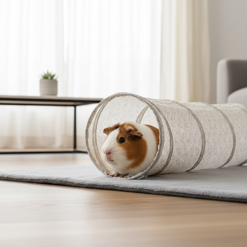 Guinea pig exploring a collapsible play tunnel on a fleece liner