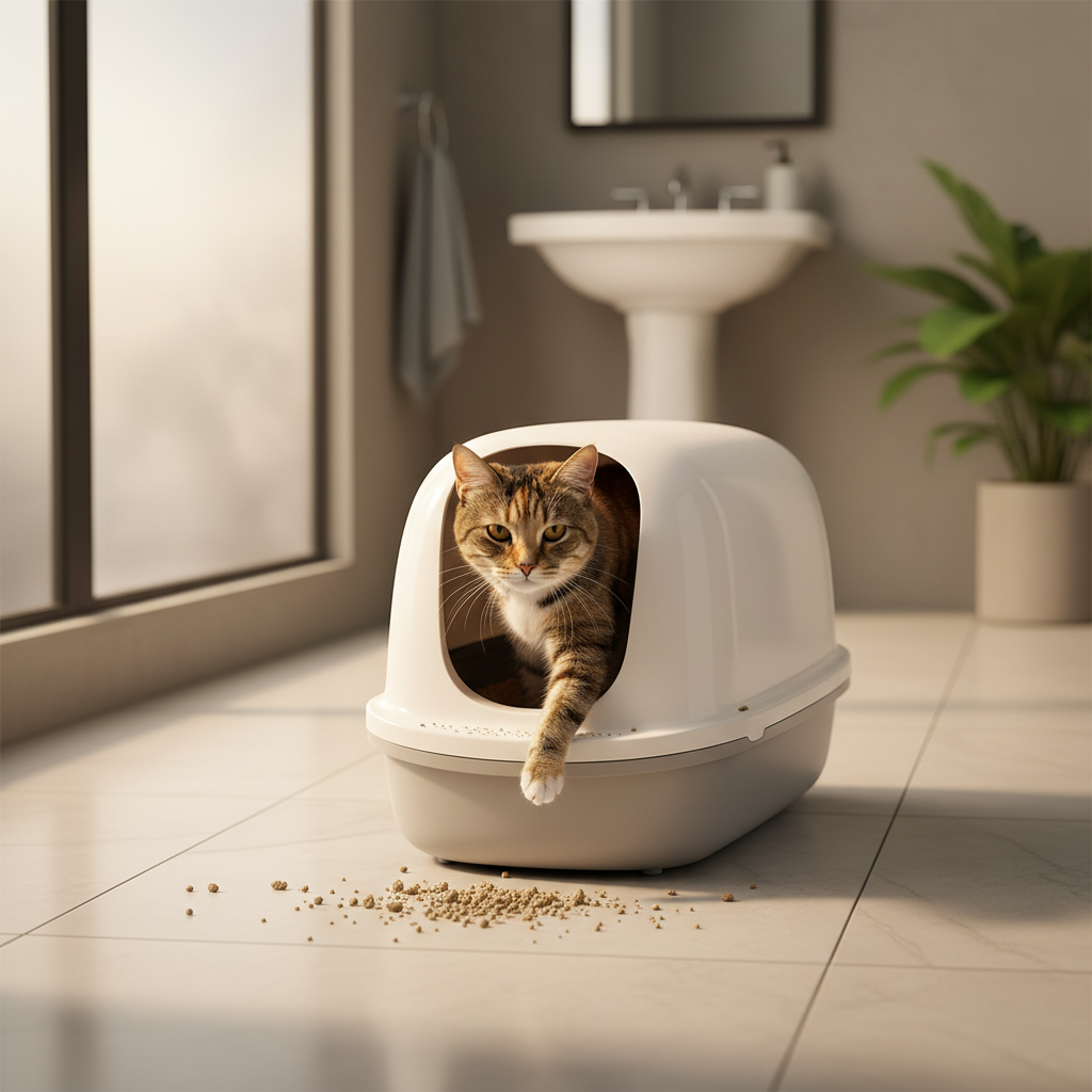 Senior cat stepping out of a litter box with low tracking litter on clean floor