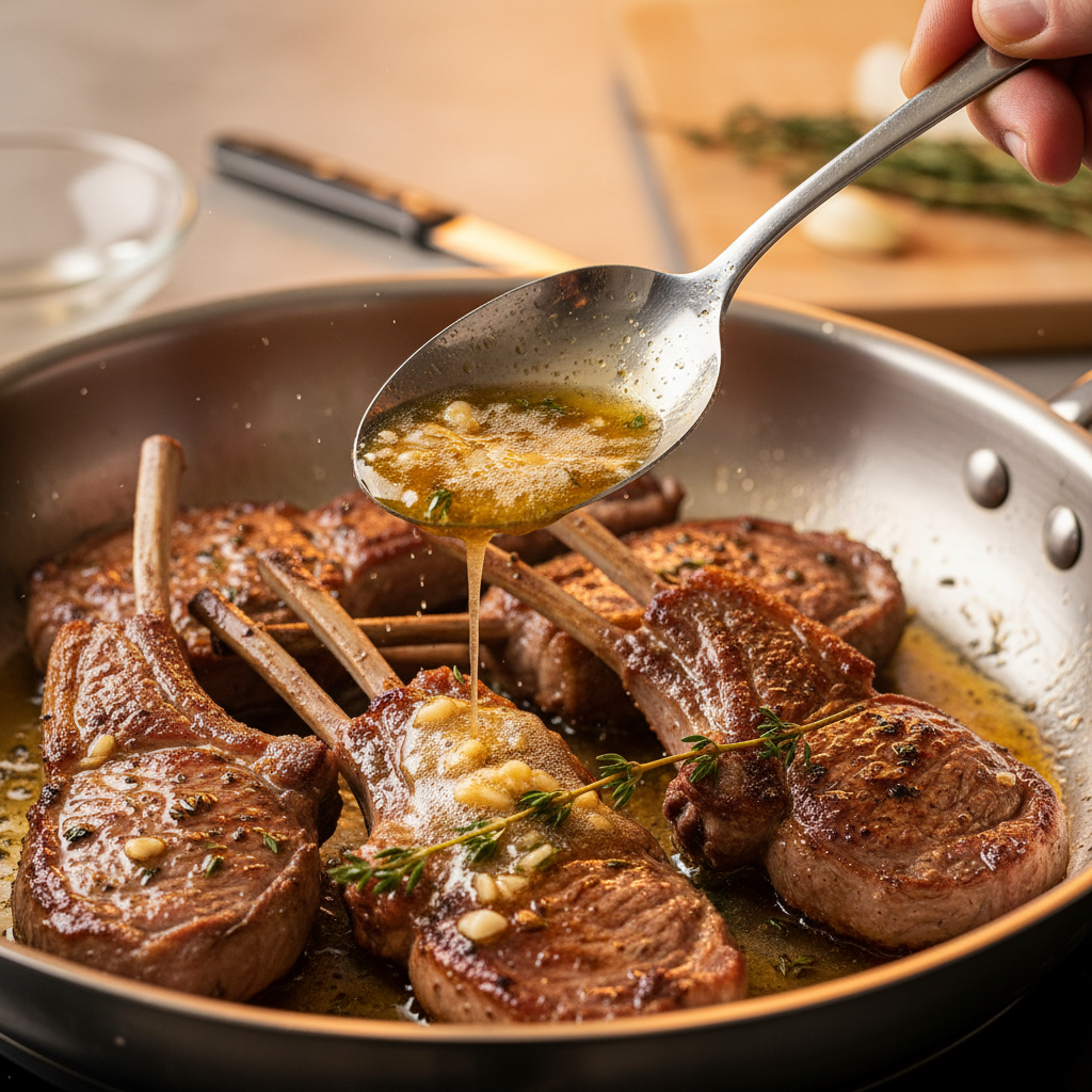 Garlic butter basting lamb chops in a skillet with a spoon for a glossy finish