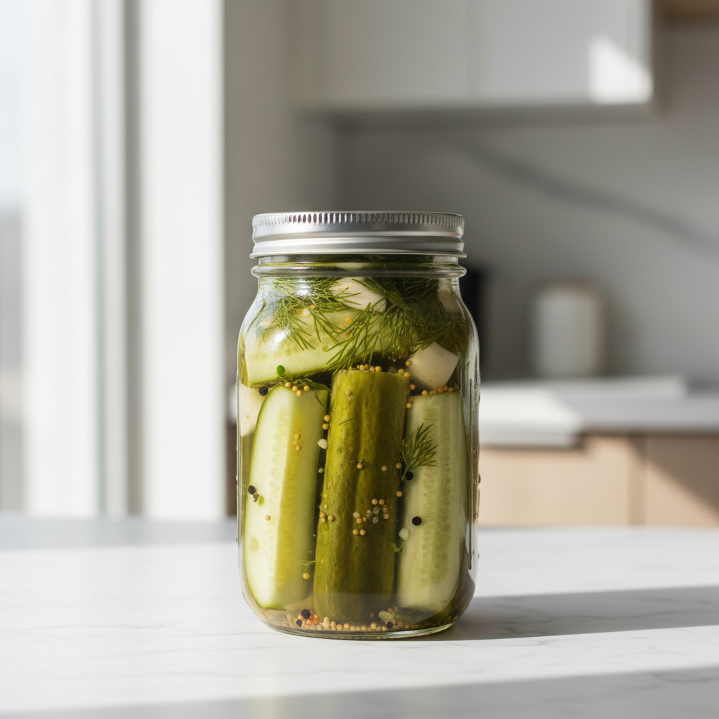 Jar of dill garlic fridge pickles with peppercorns and fresh dill