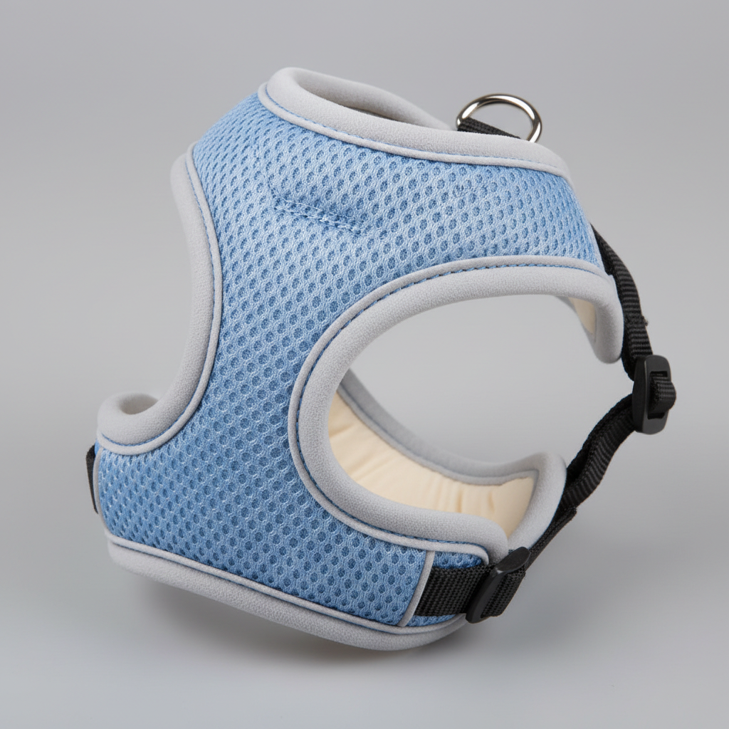 Close-up of padded small dog harness showing soft edges and chest panel