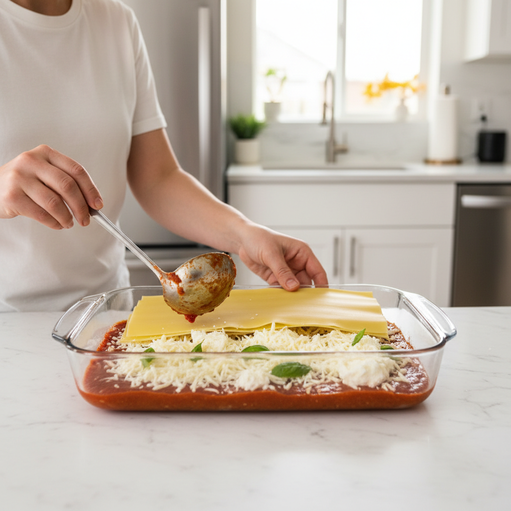 Assembling no-boil noodle lasagna layers with sauce ricotta and mozzarella
