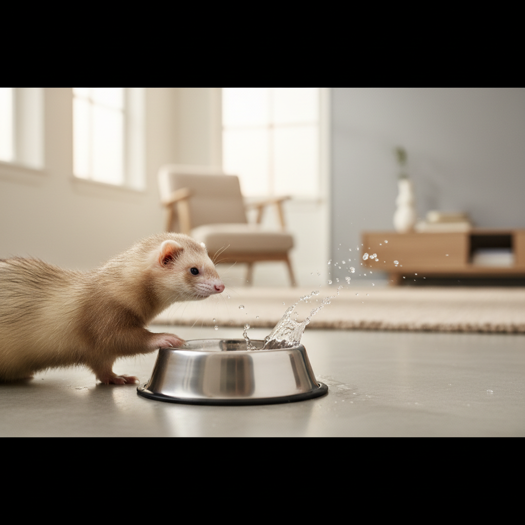 Ferret pawing at a stainless steel water bowl creating small splashes