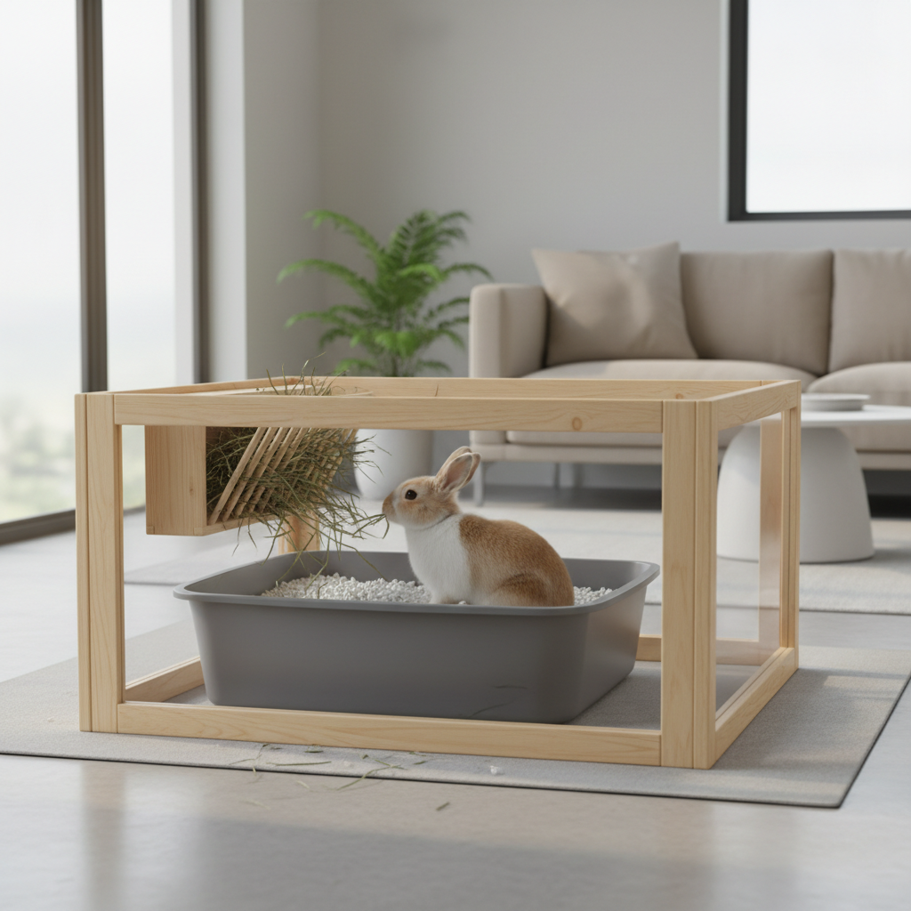 Rabbit eating hay from a wooden rack positioned above a litter box to minimize mess