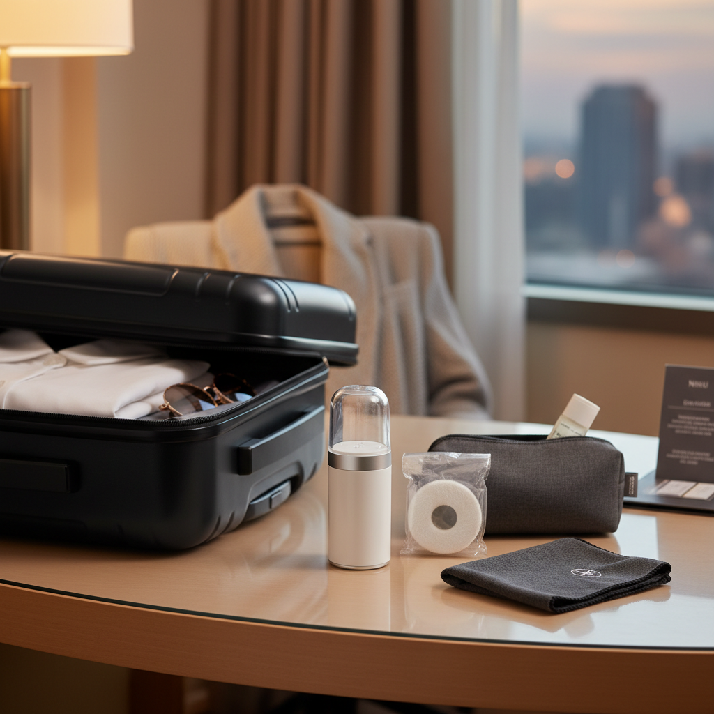 Travel-friendly pet hair roller for clothes packed in a carry-on kit