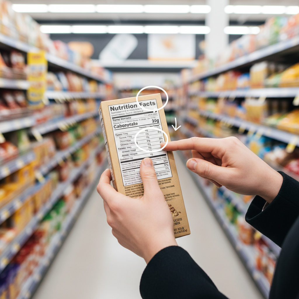 Reading nutrition label for added sugars and carbs on packaged sauce