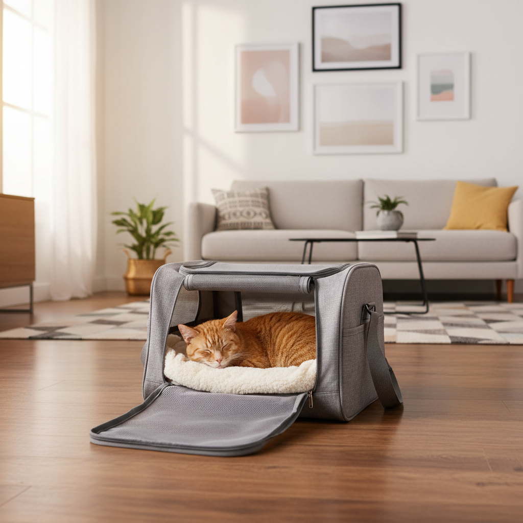 Cat relaxing inside a lightweight pet travel carrier bag at home with door open
