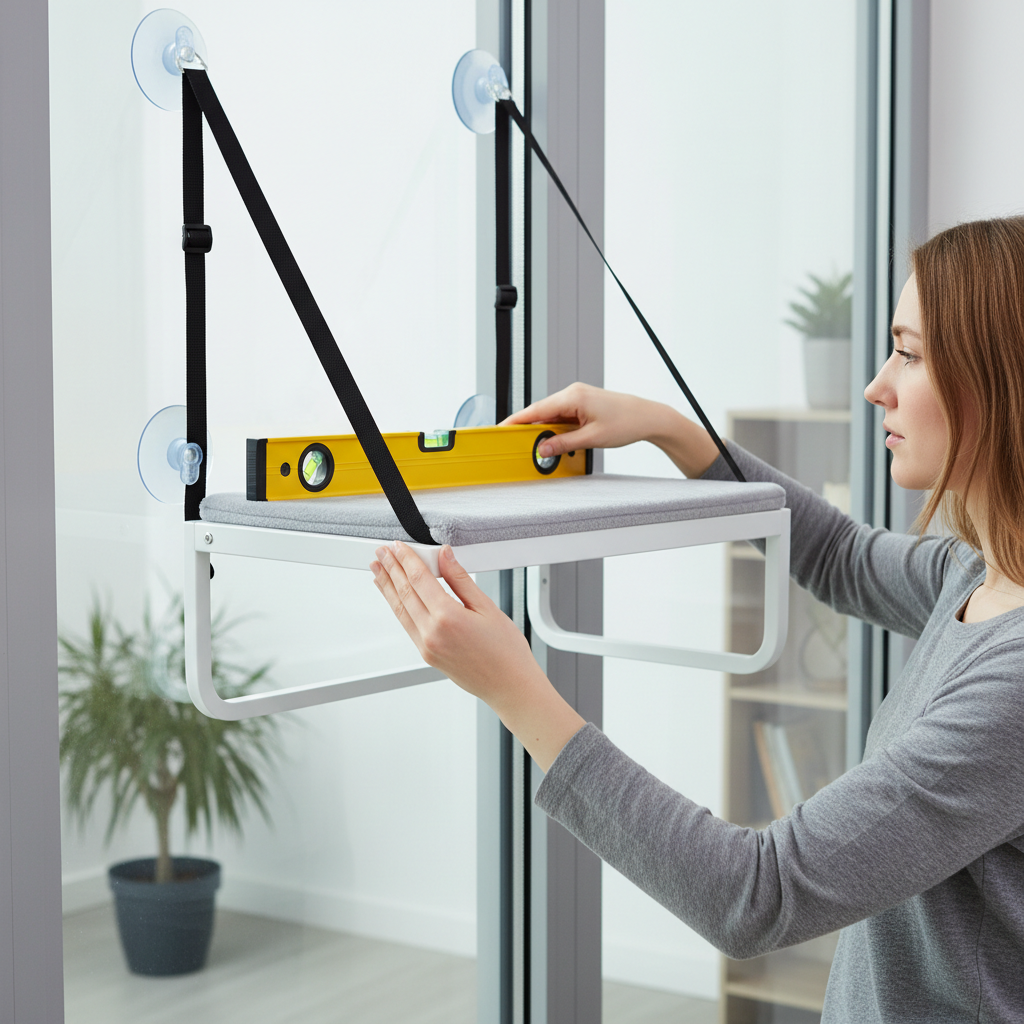 Step-by-step installing a sturdy cat window perch with cleaning glass and checking level alignment
