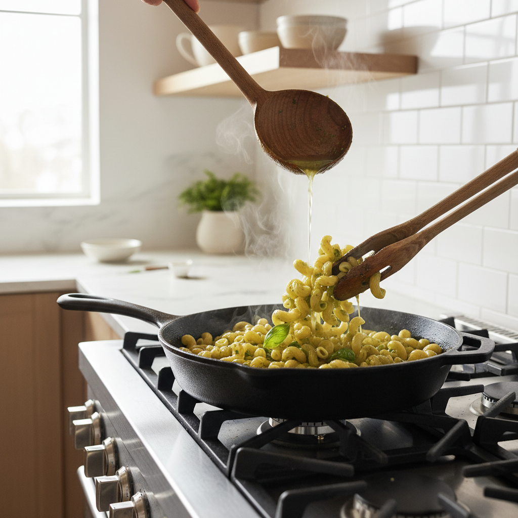 Fresh basil pesto tossed with pasta and a splash of pasta water in a skillet