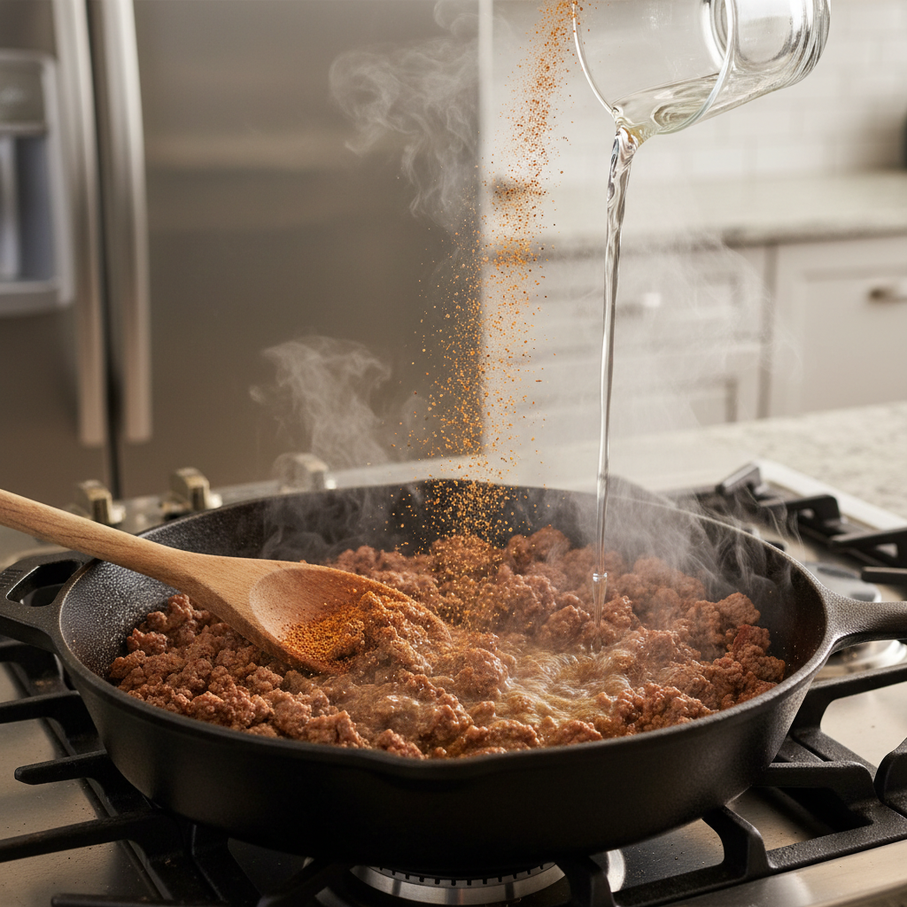 Ground beef simmering with homemade taco seasoning in a skillet