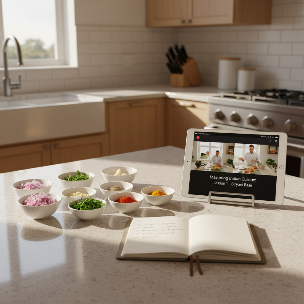 Simple mise en place prep bowls and ingredient checklist for an online cooking lesson