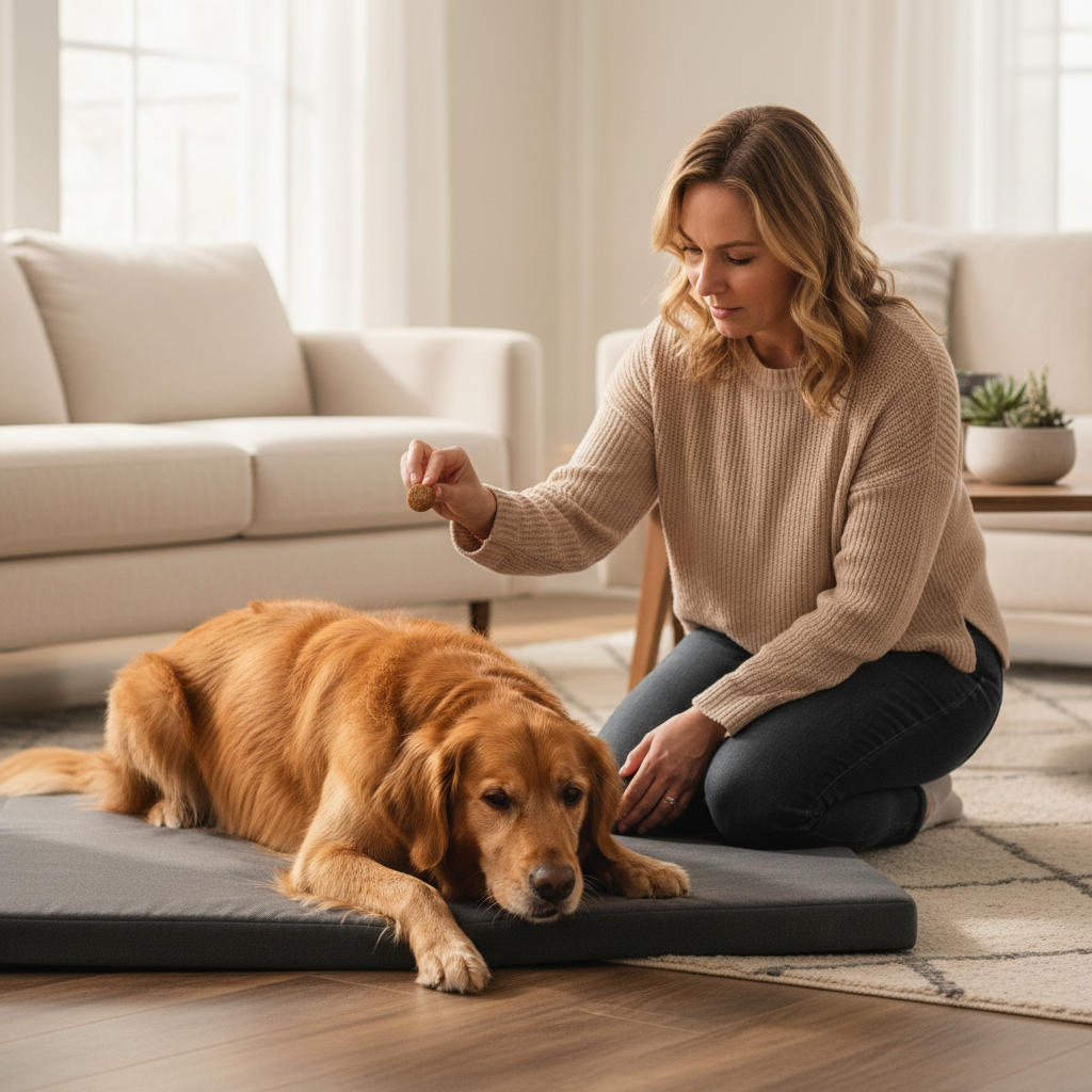 Owner training a dog to settle on a mat indoors