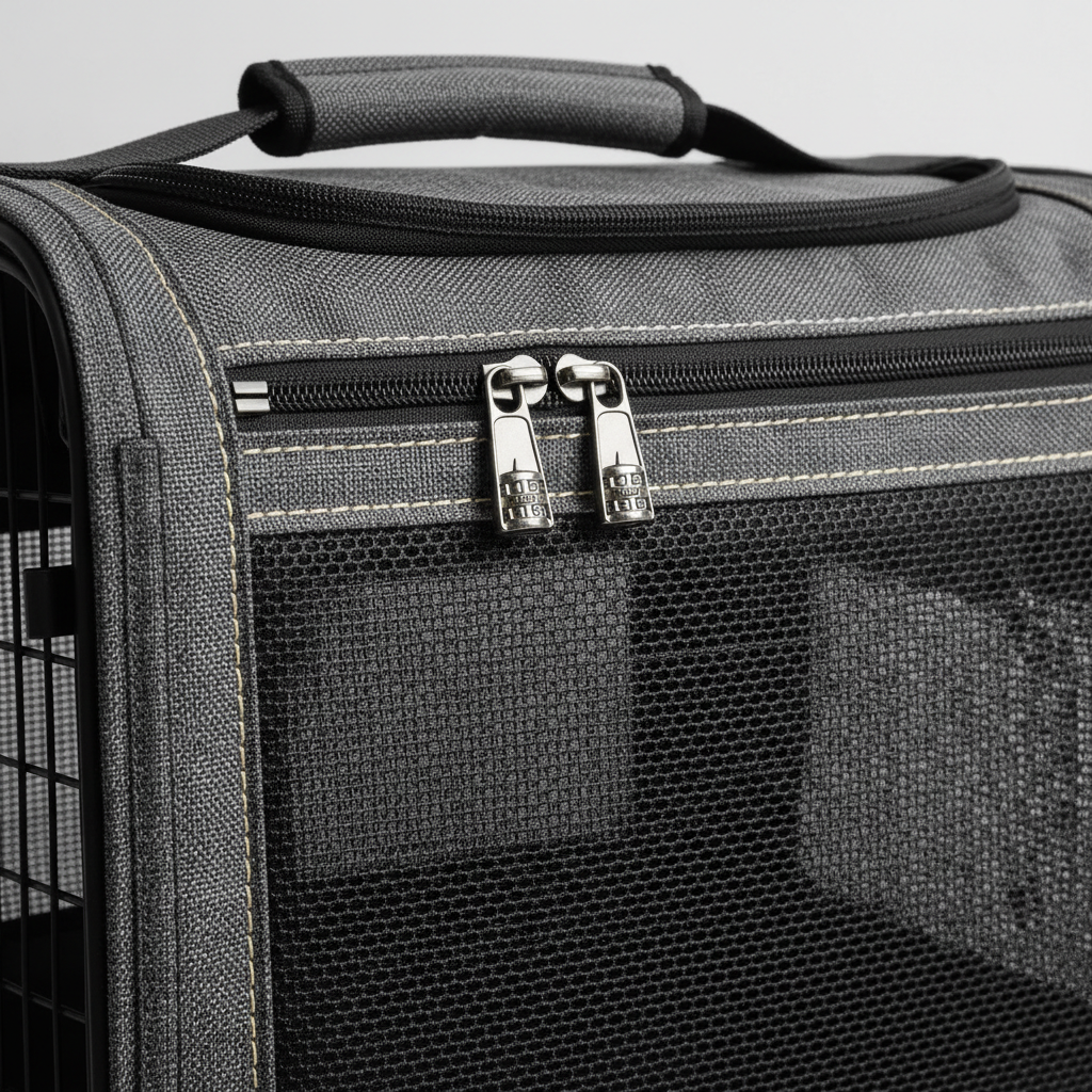 Close-up of lockable zippers and reinforced mesh on a pet travel carrier bag