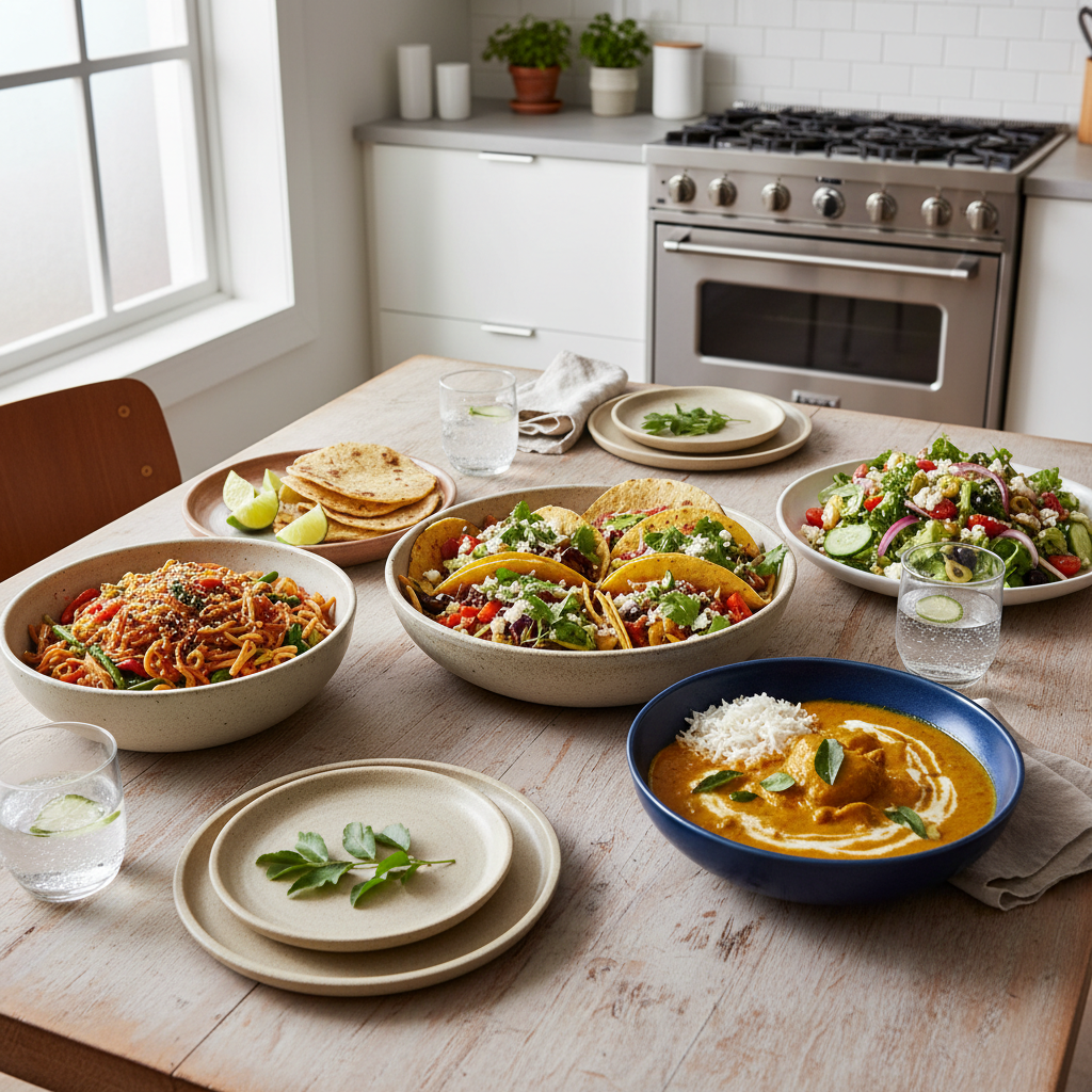 A colorful spread of easy world cuisine dishes on a weeknight table