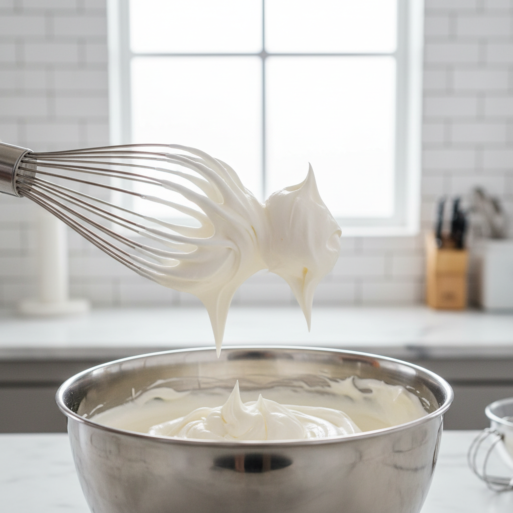 Whipped cream peaks in a stainless steel bowl showing soft peak vs stiff peak texture