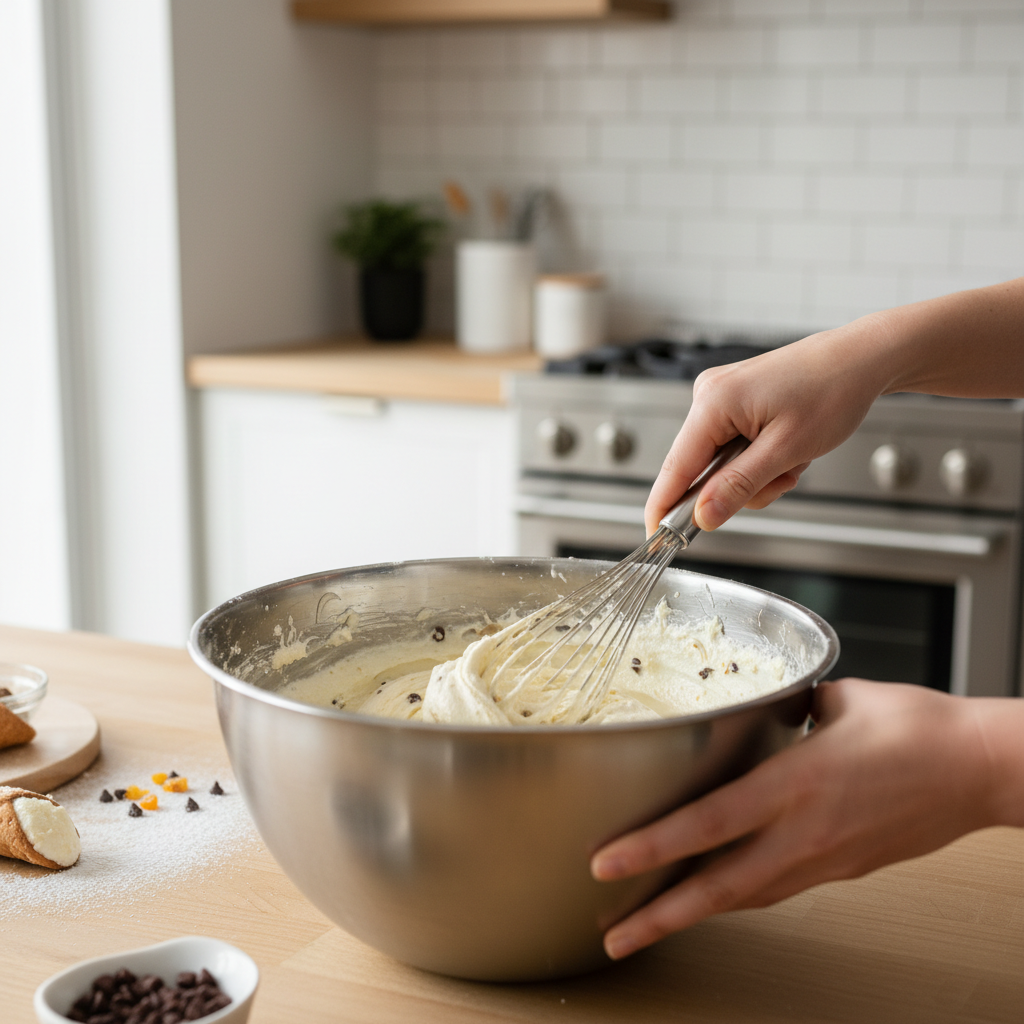 Smooth ricotta cannoli filling being mixed in a bowl
