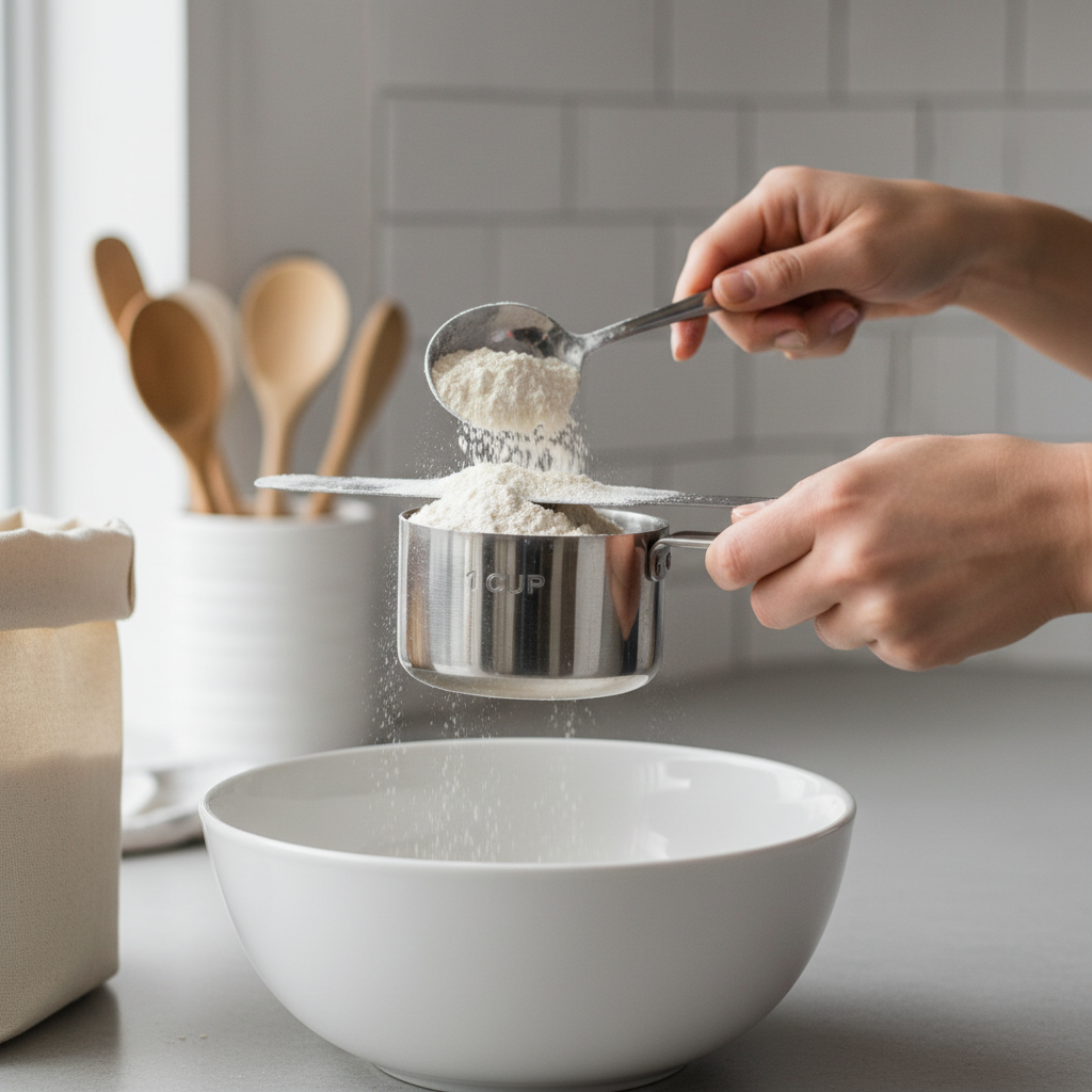 Proper flour measuring technique spooning and leveling flour in a measuring cup