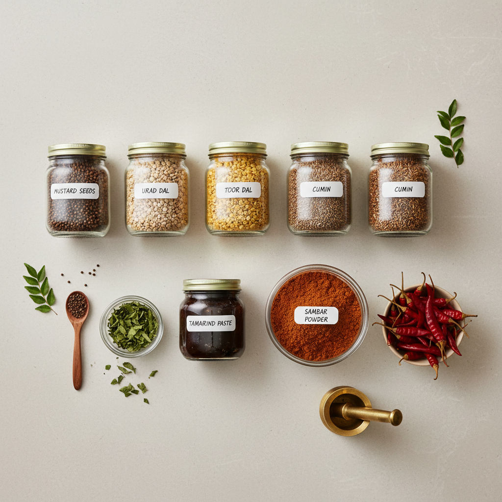 South Indian pantry essentials like mustard seeds, lentils, and spices