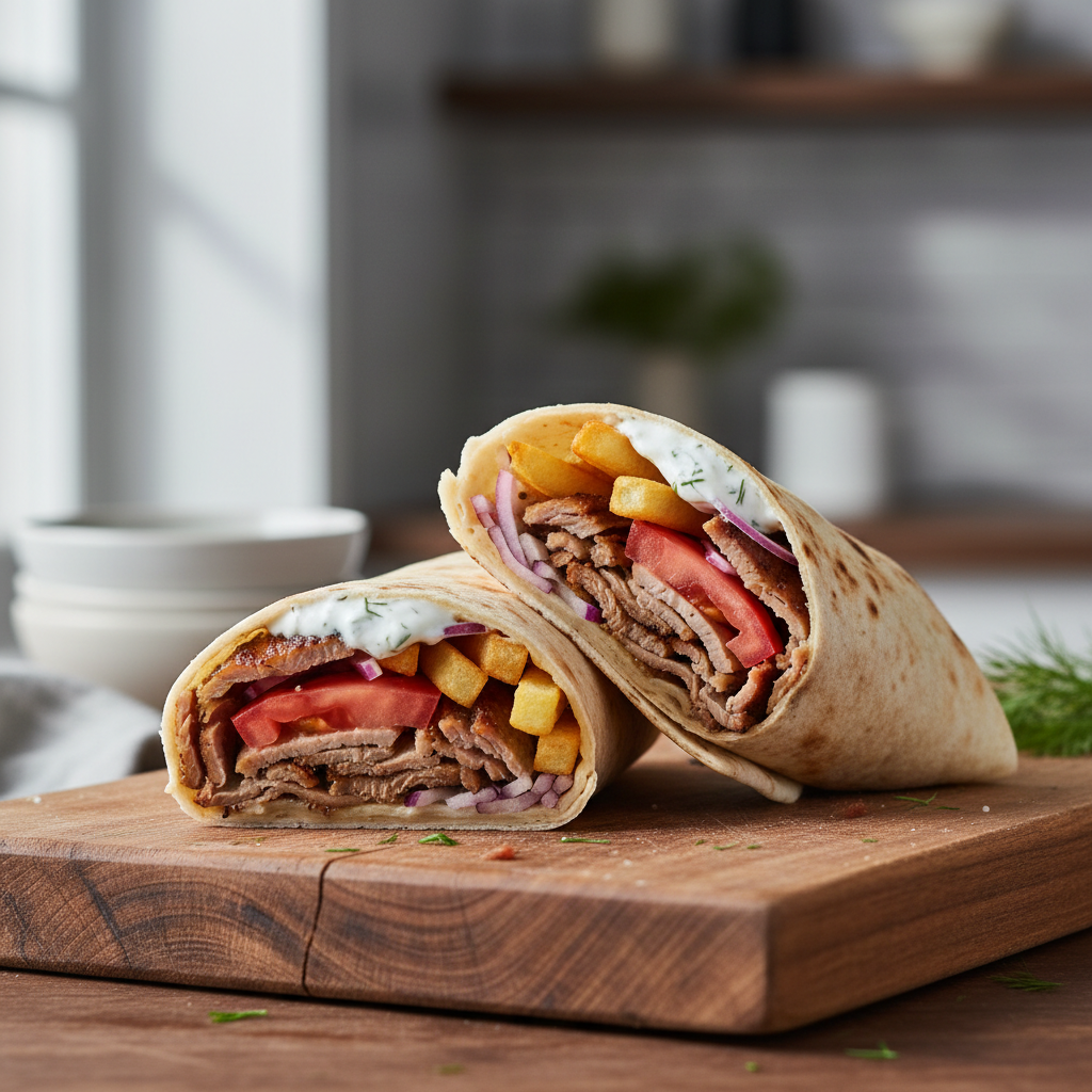 Homemade gyro wrap with sliced meat, tzatziki, tomato, and onions on a wooden board