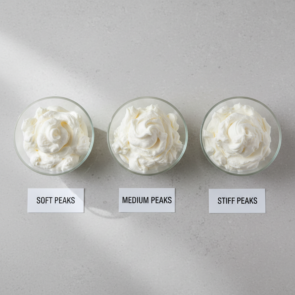 Whipped cream peak stages from soft to stiff shown in three bowls