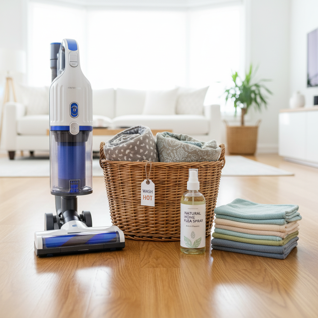 Step-by-step home flea control routine with vacuuming, washing bedding, and safe spraying