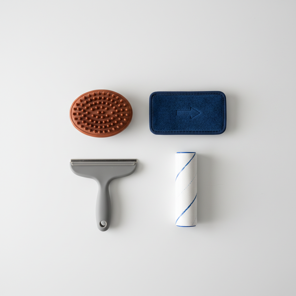 Different pet hair remover brush types laid out for couch and furniture cleaning