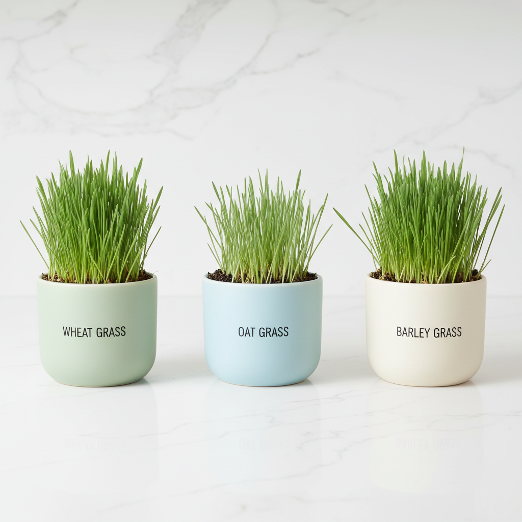 Comparison of common cat grass types wheat oat barley in small pots