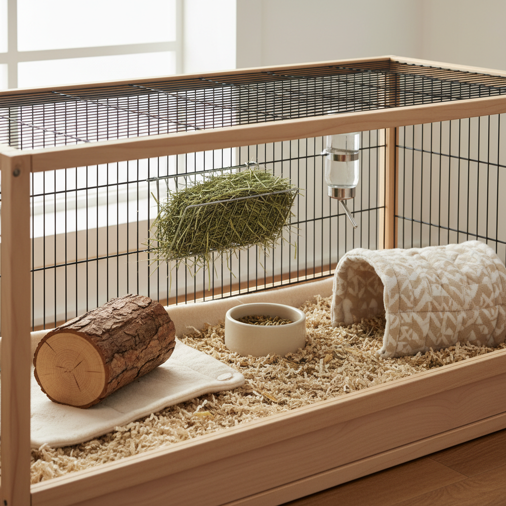 Chew log placed near hay rack to encourage natural gnawing and foraging