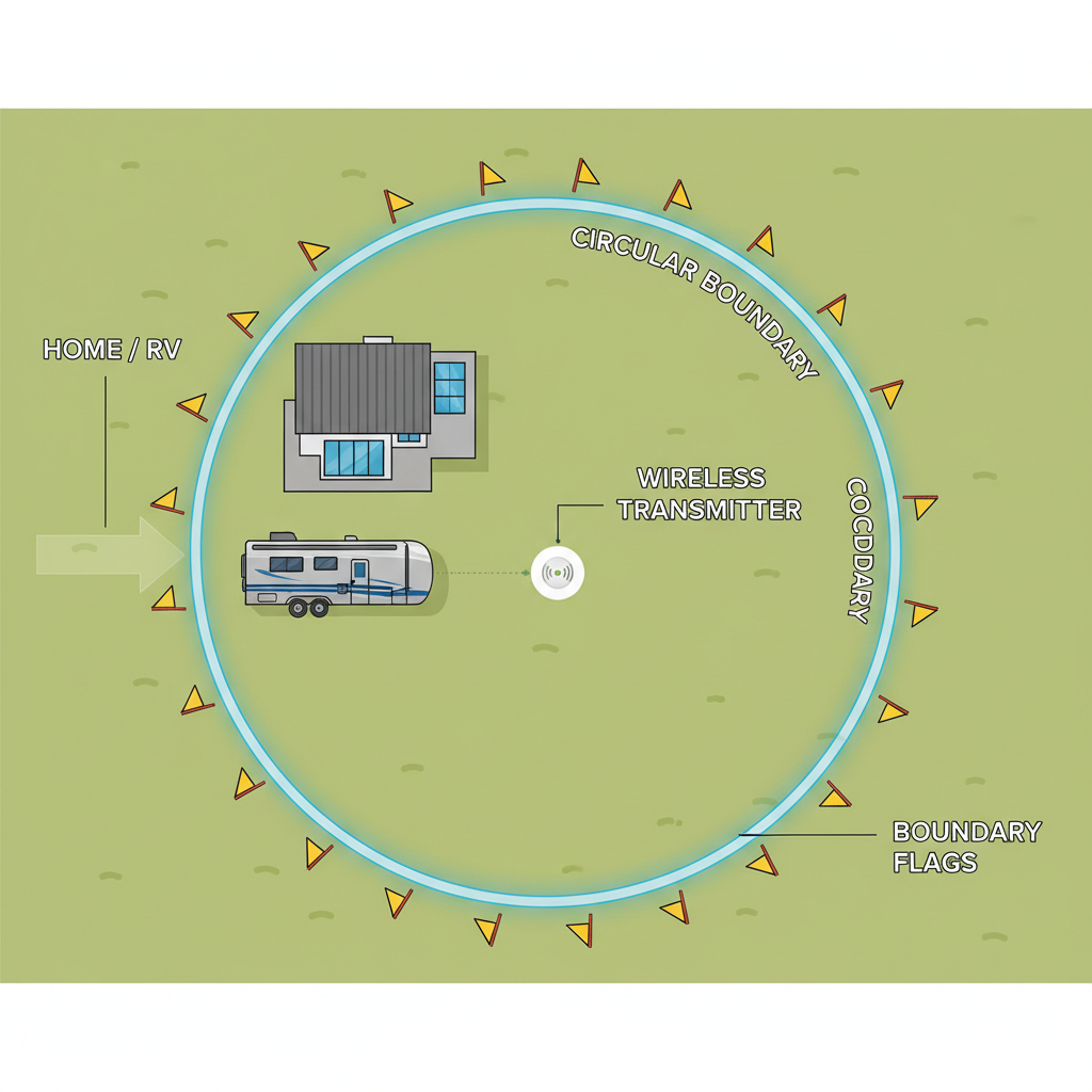Outdoor backyard layout showing wireless fence circle boundary and recommended placement