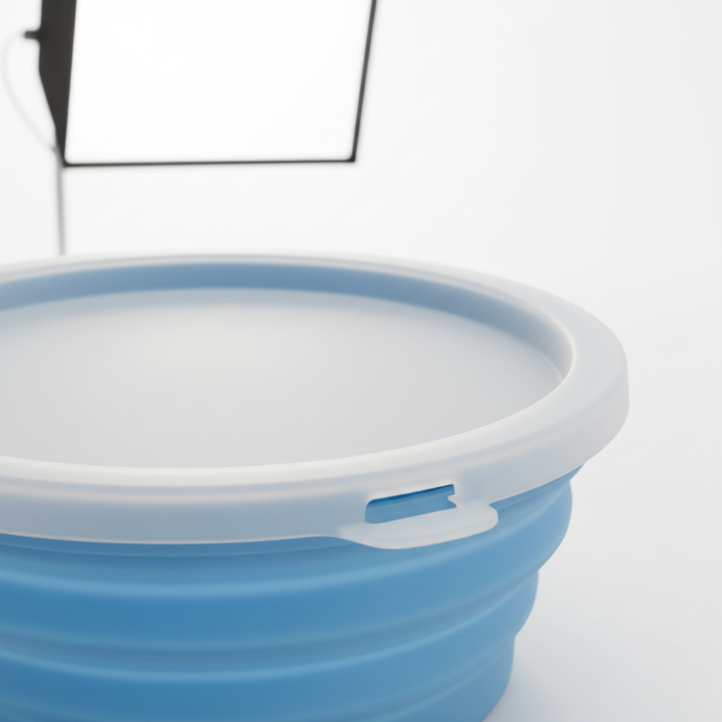 Close-up of silicone collapsible pet bowl rim and sealing lid detail