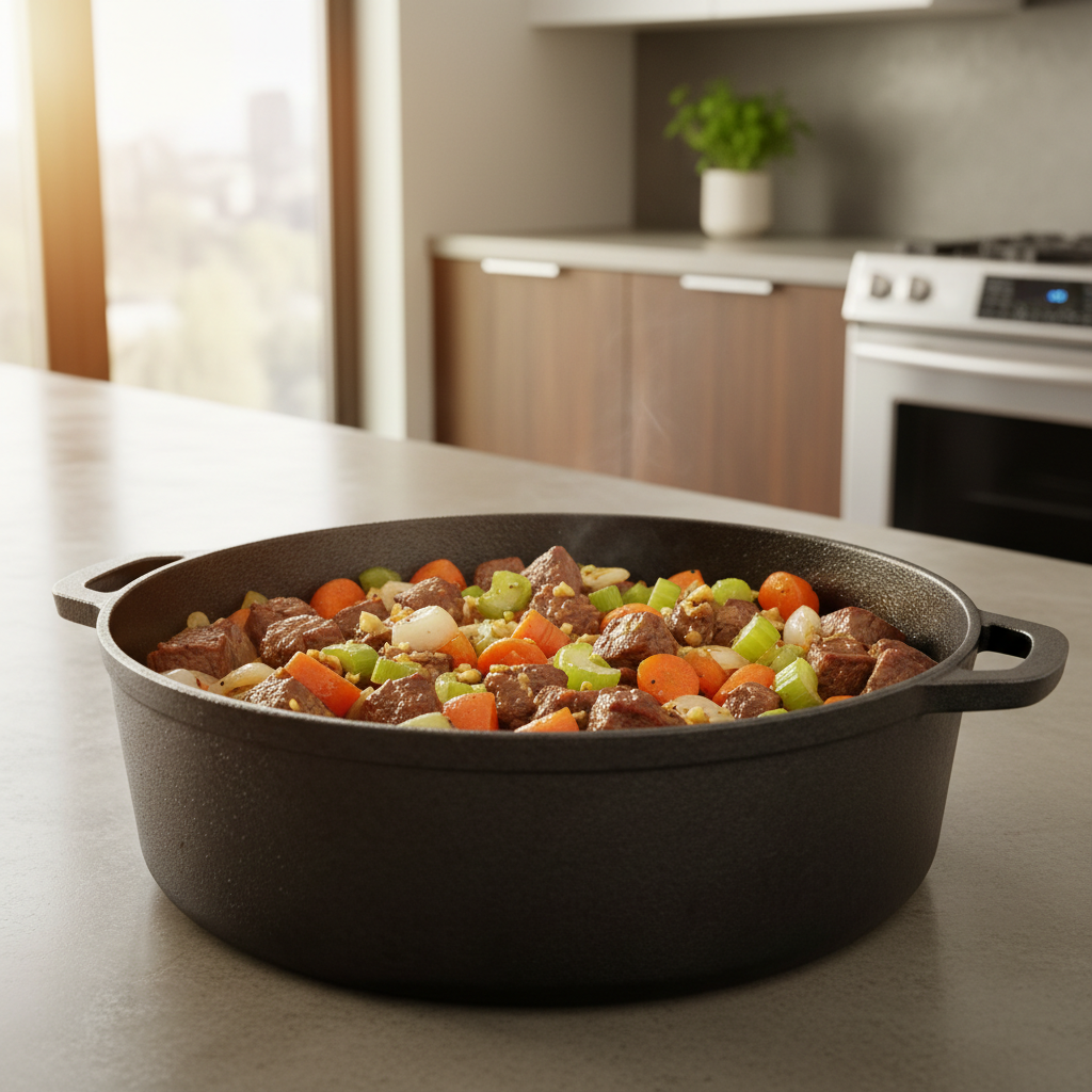 Dutch oven beef stew with browned beef and vegetables before slow cooking