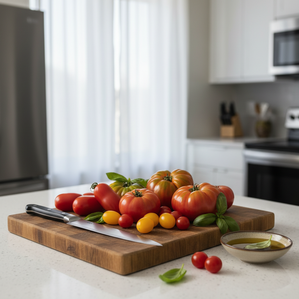 Fresh tomatoes on a kitchen counter ready for cooking