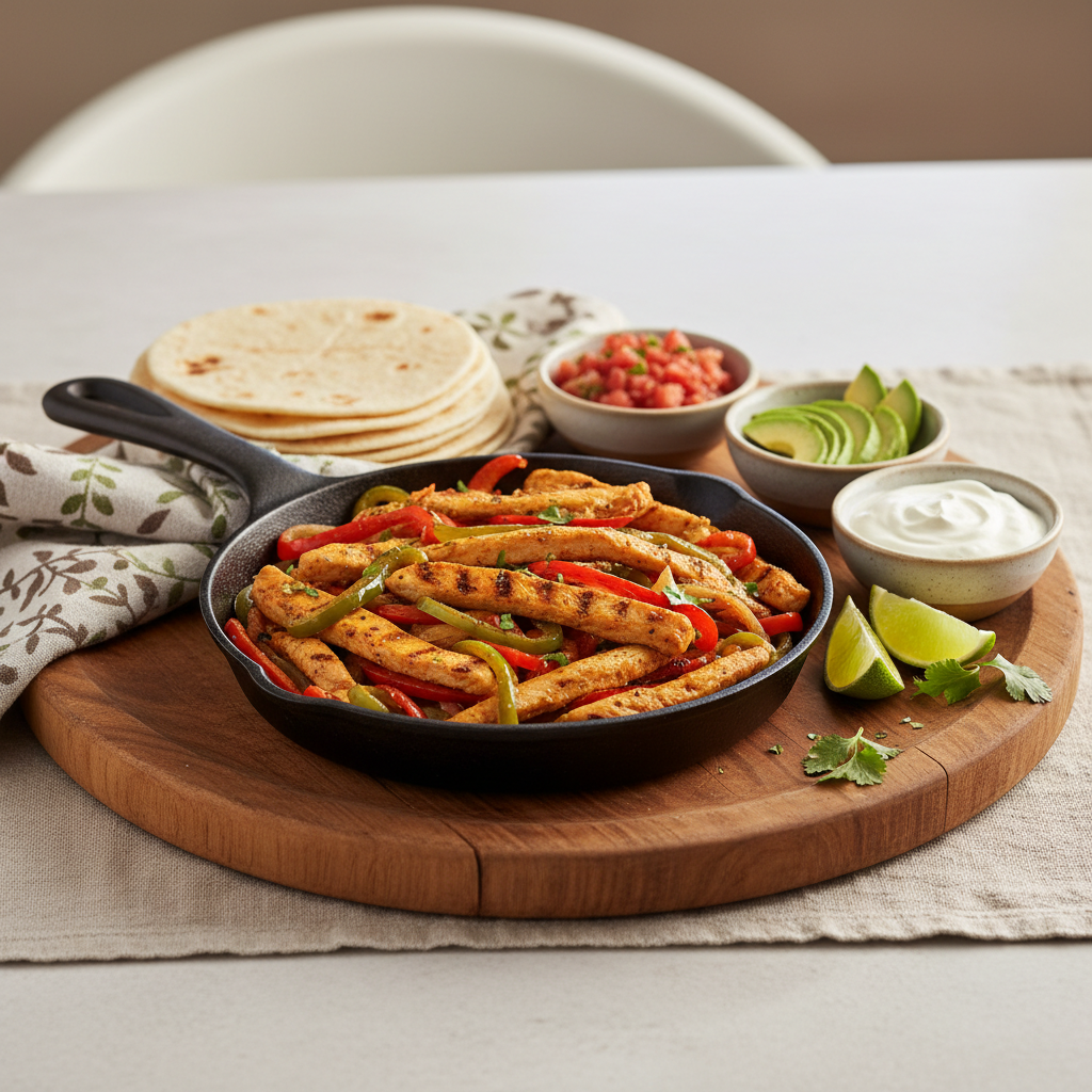 Finished chicken fajitas served with warm tortillas and toppings on a table